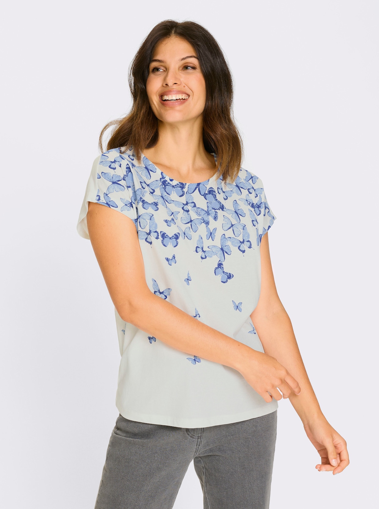 Kurzarmshirt - ecru-royalblau