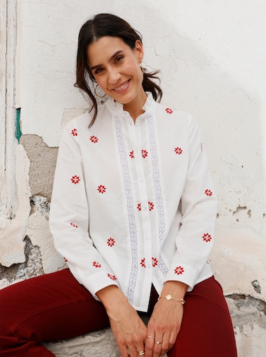 Spitzenbluse - ecru-dunkelrot-gemustert