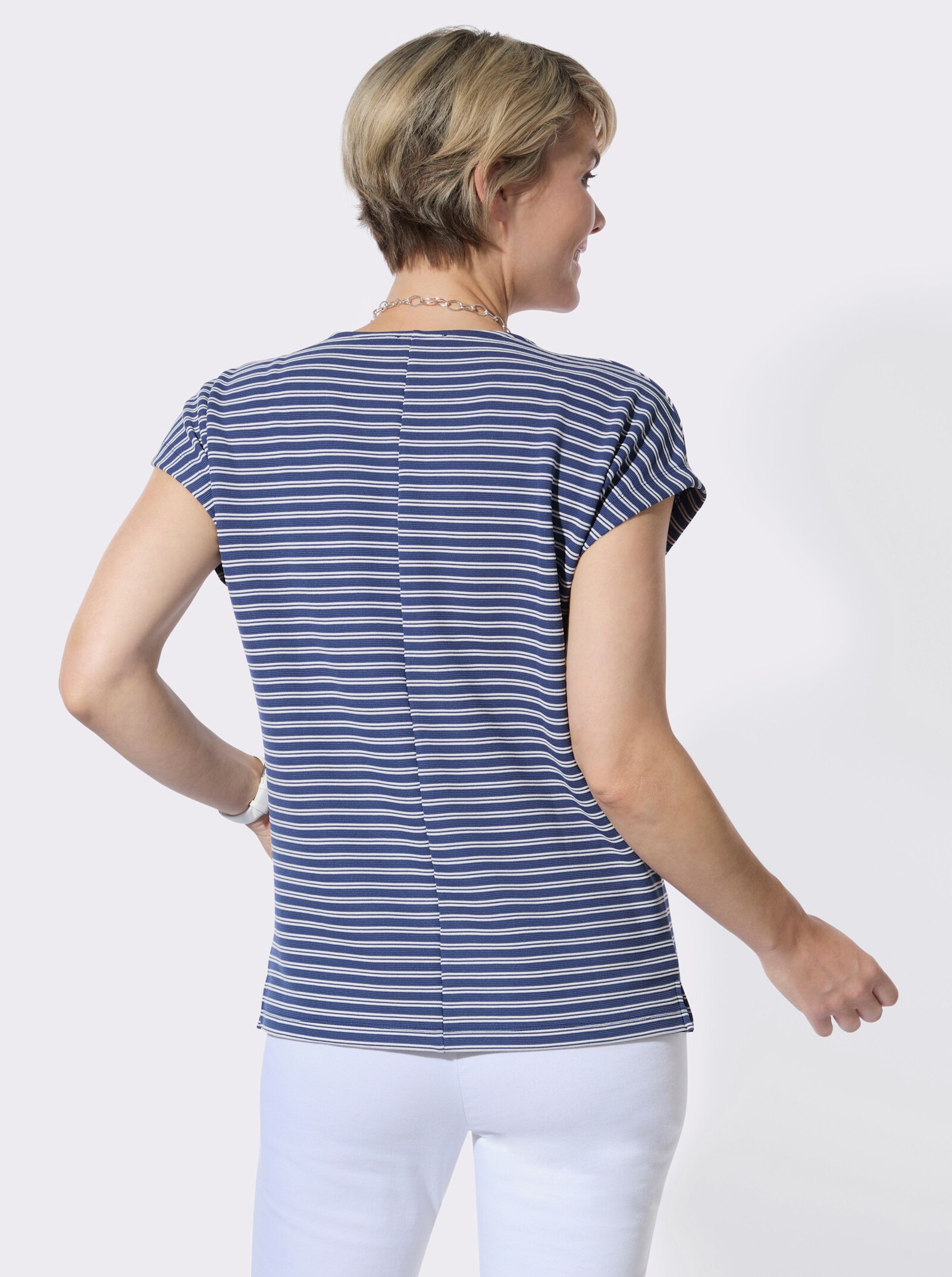 Rundhalsshirt mit zweifarbigem Jacquardmuster - jeansblau-ecru-geringelt