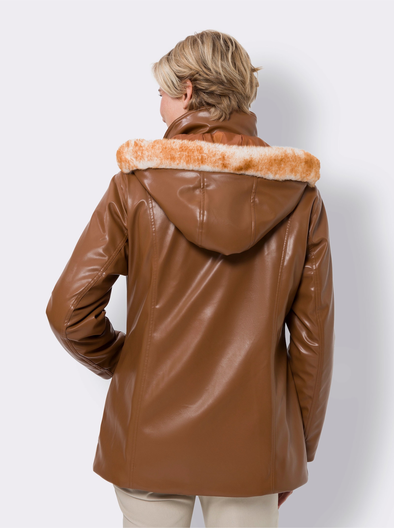 Lederimitatjacke mit Pelz-Imitat-Besatz - cognac