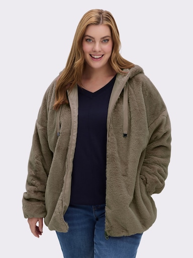 Fellimitatjacke mit Gummizug an Ärmeln und Saum - schlamm