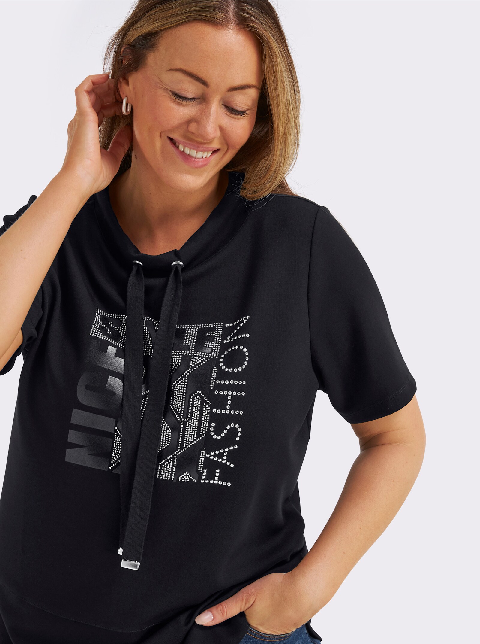 Kurzarmshirt mit Stehkragen - schwarz