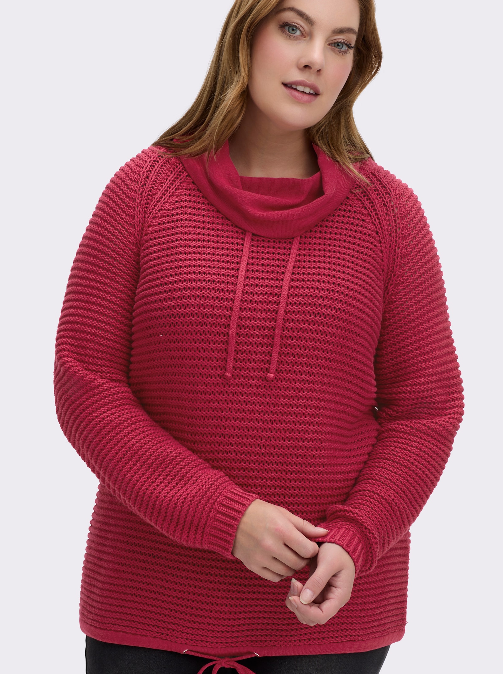 Rollkragenpullover mit Tunnelzug und Bindeband - himbeerrot