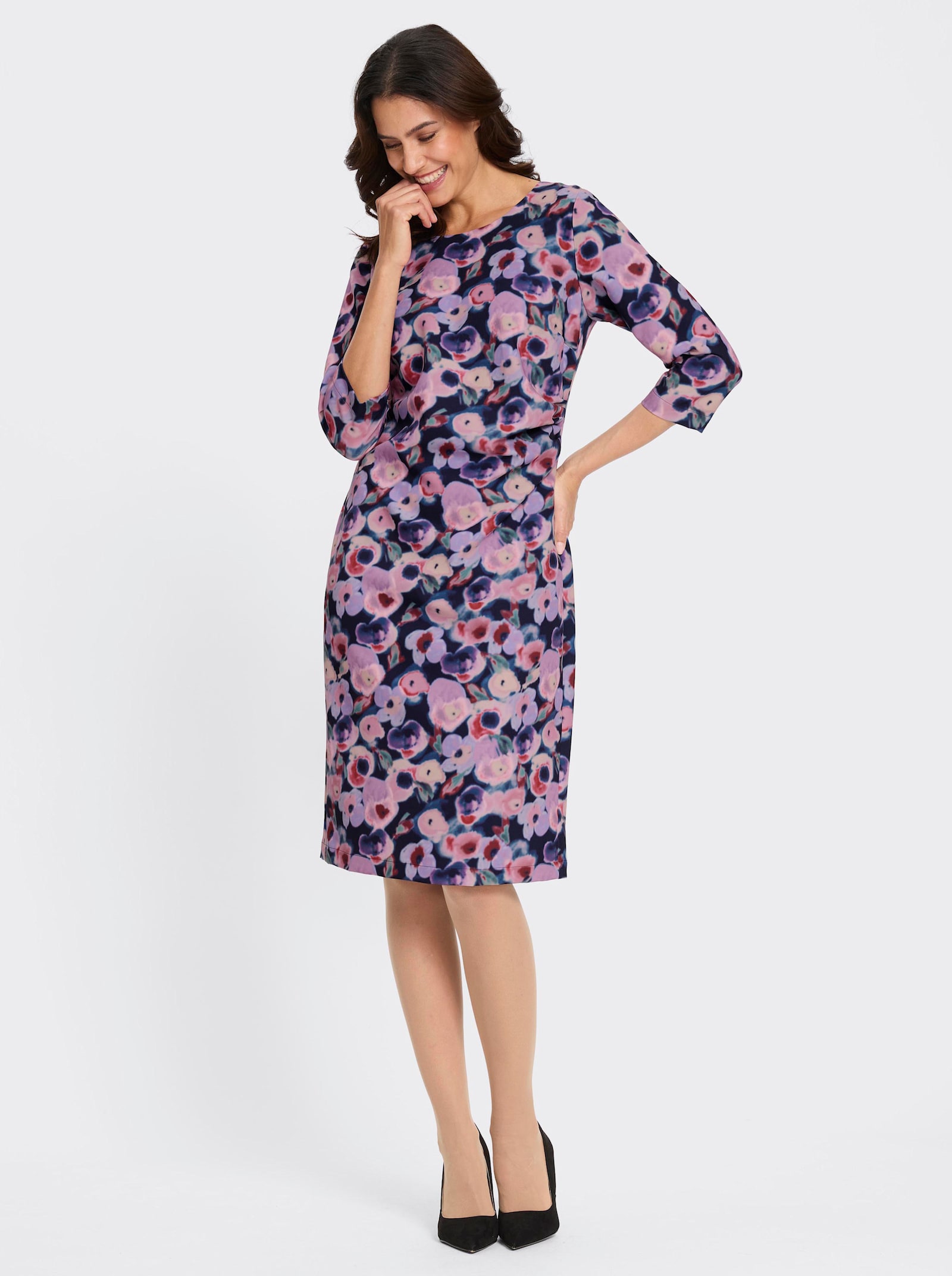 Etuikleid mit Falten an der Taille - marine-puder-bedruckt