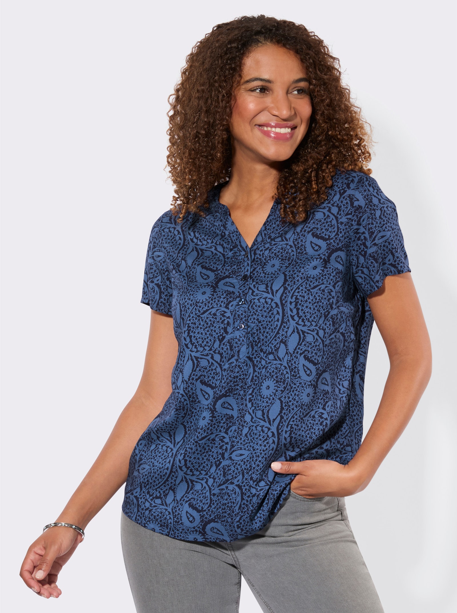 Schlupfbluse aus reiner Viskose - jeansblau-marine-bedruckt