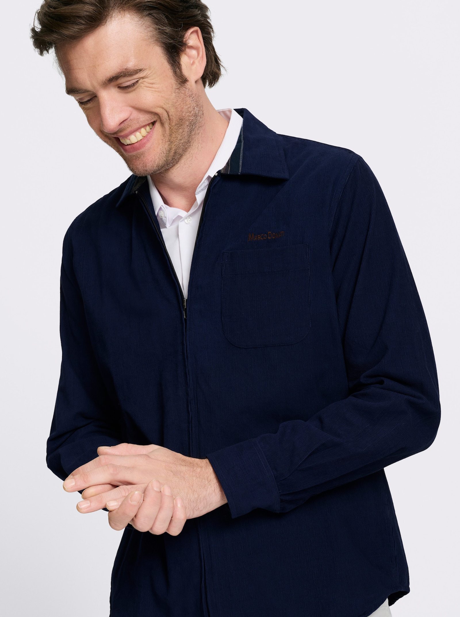 Marco Donati Langarmhemd in Microcord-Qualität - marine