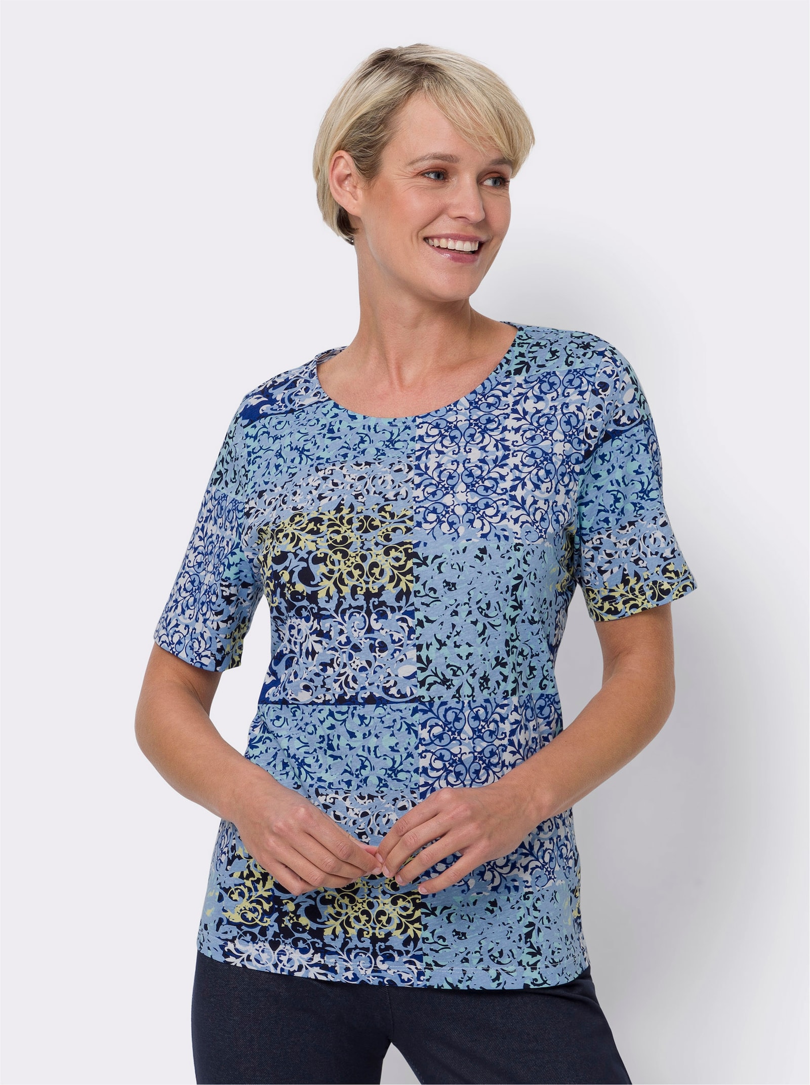 Kurzarmshirt mit Patchwork-Druck - royalblau-himmelblau-bedruckt