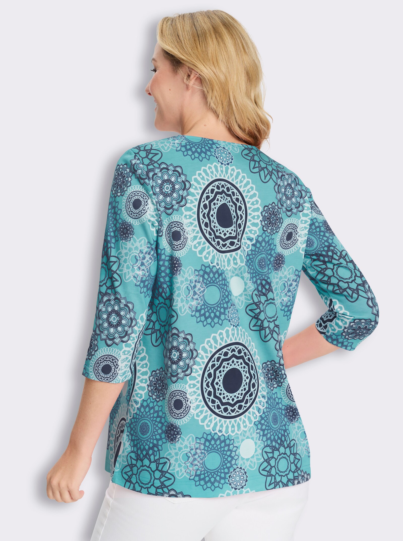 Longshirt mit Falten am Ausschnitt - aquamarin-royalblau-bedruckt
