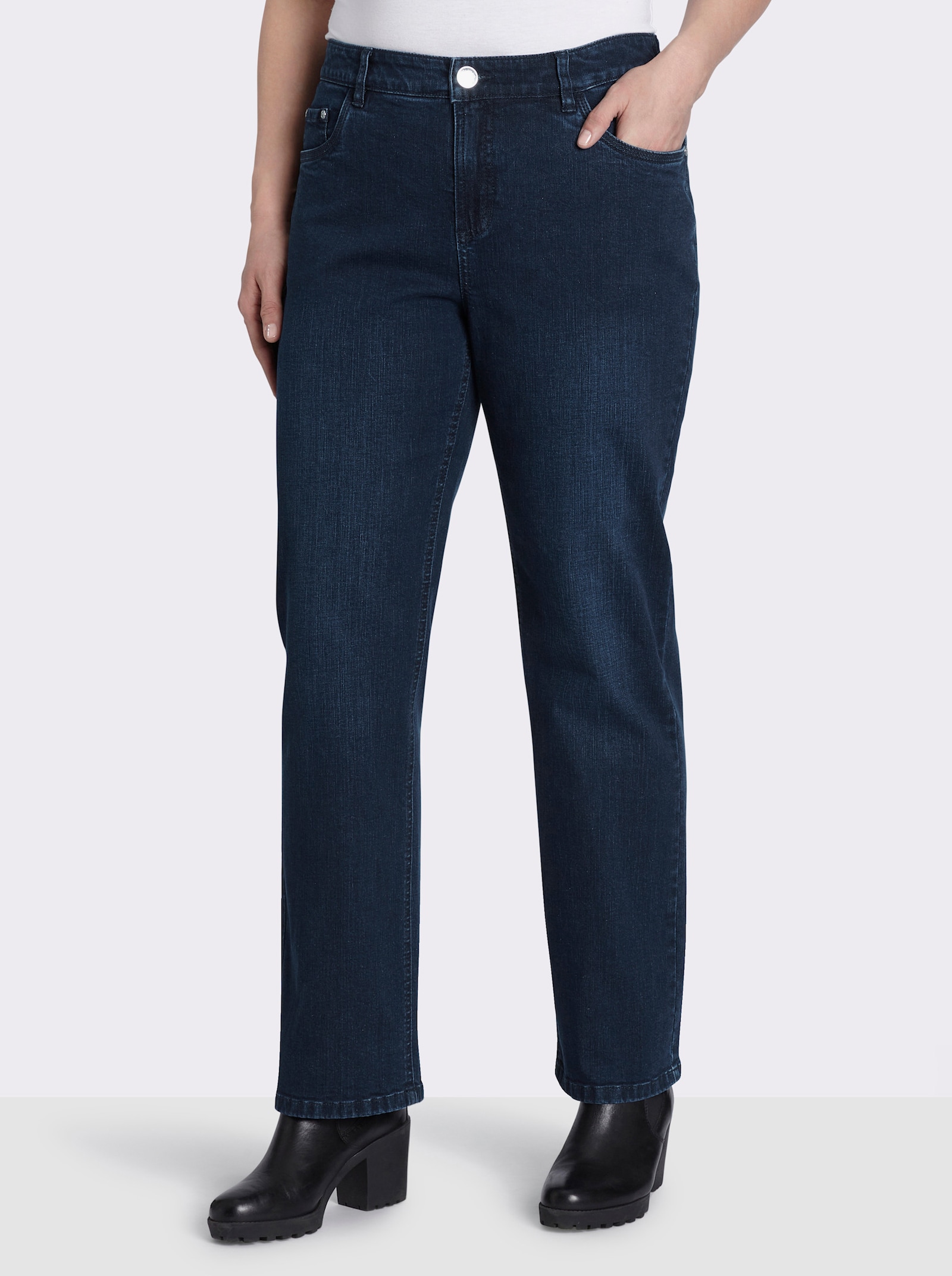 sheego Gerade Jeans mit Deko-Knopf und Riegel am Bund - dark blue