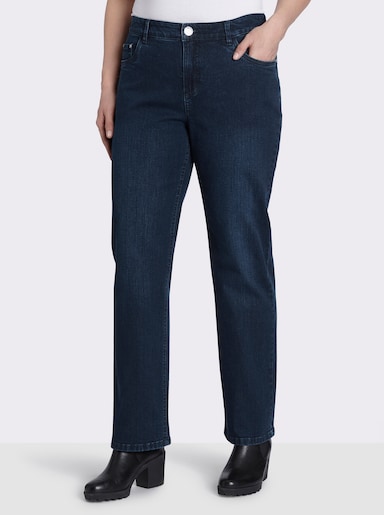 sheego Gerade Jeans mit Deko-Knopf und Riegel am Bund - dark blue