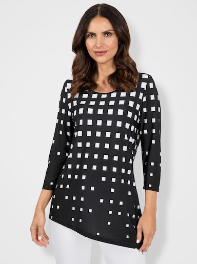 3/4-Arm-Shirt mit asymmetrischem Saum - schwarz-weiß-bedruckt