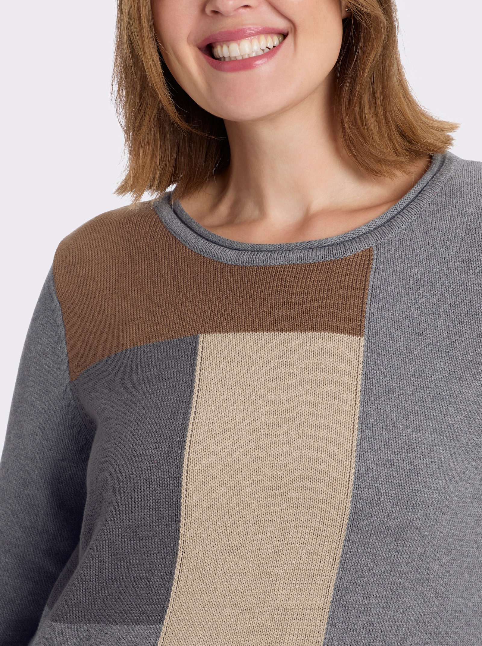 Langarm-Pullover mit grafischem Strickmuster - steingrau-gemustert