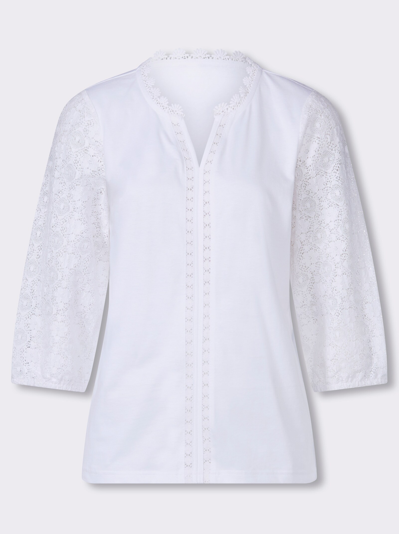 3/4-Arm-Shirt mit Spitzen-Ärmeln - weiß
