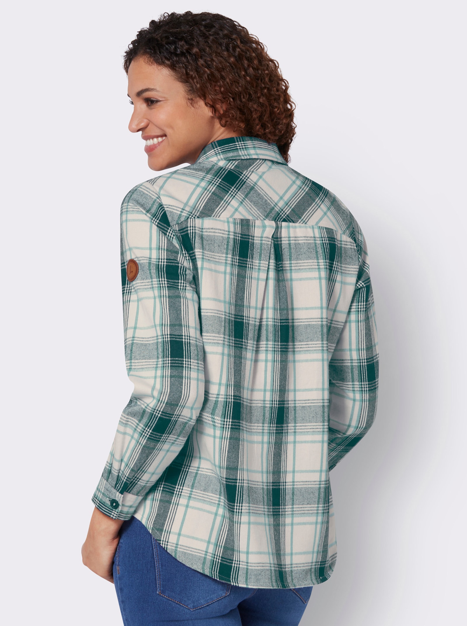 Flanellbluse mit Brusttaschen - petrol-champagner-kariert