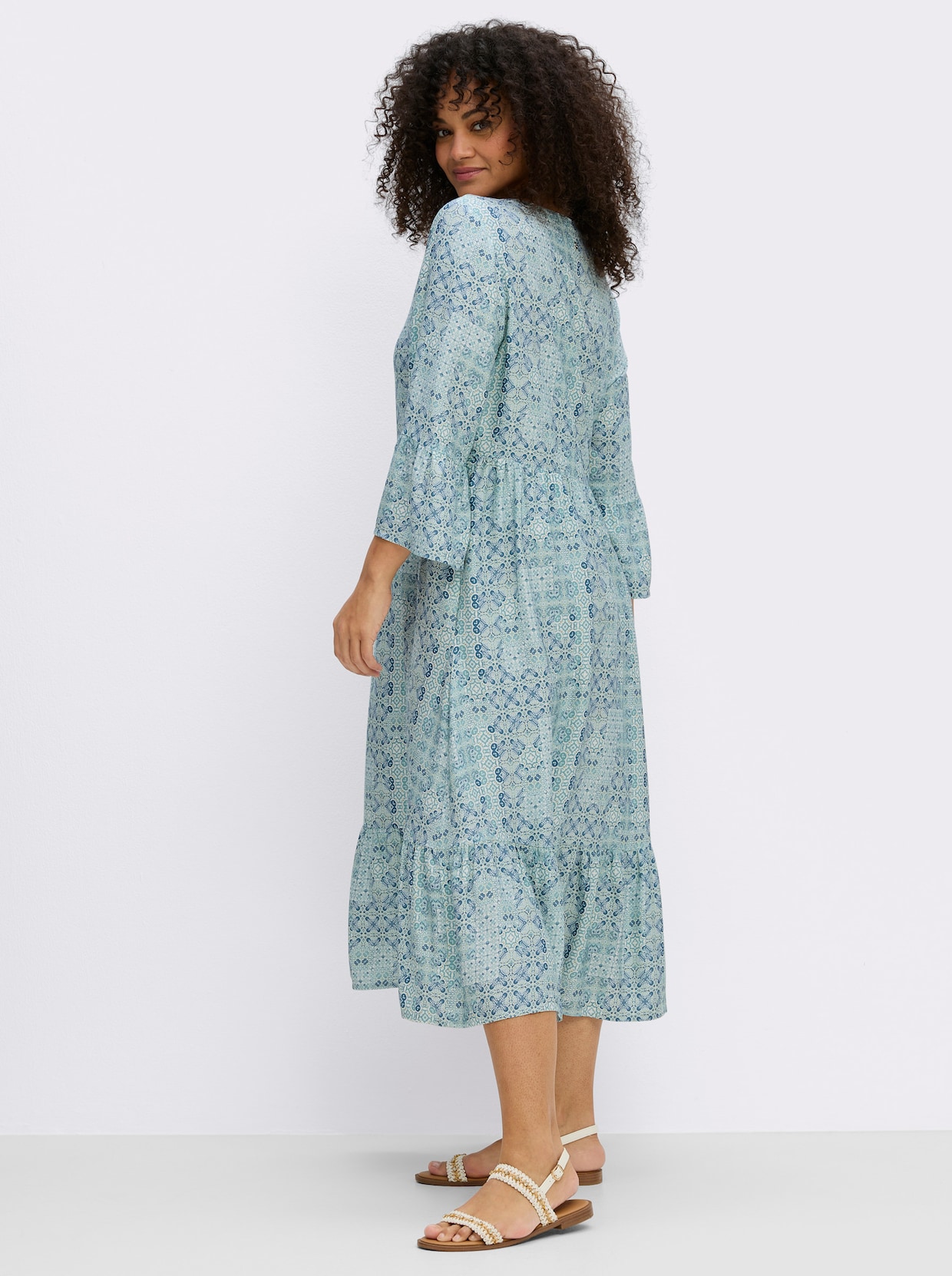 sheego A-Linien-Kleid mit Stufenvolants - ecru-topas-bedruckt