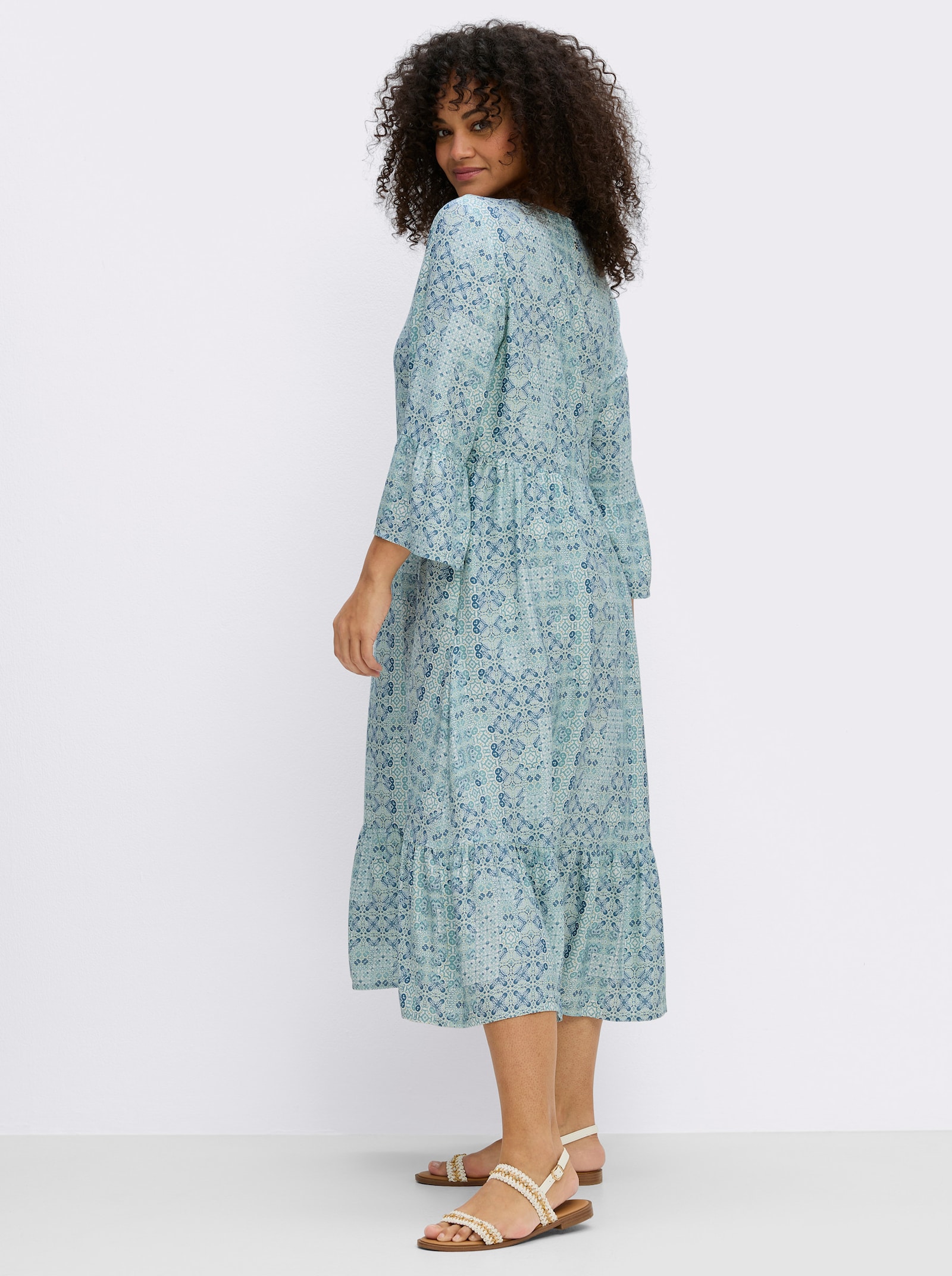 sheego A-Linien-Kleid mit Stufenvolants - ecru-topas-bedruckt