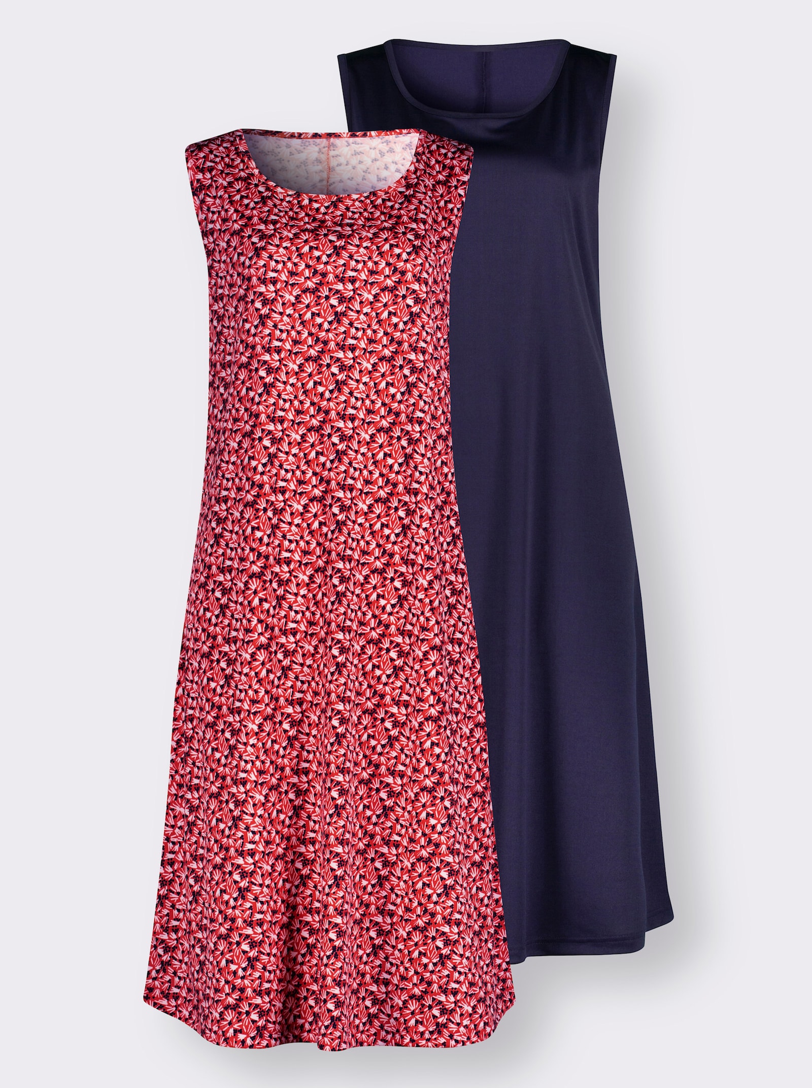 Žerzejové šaty v balení po 2 kusech - humrová-potisk + námořnická modrá