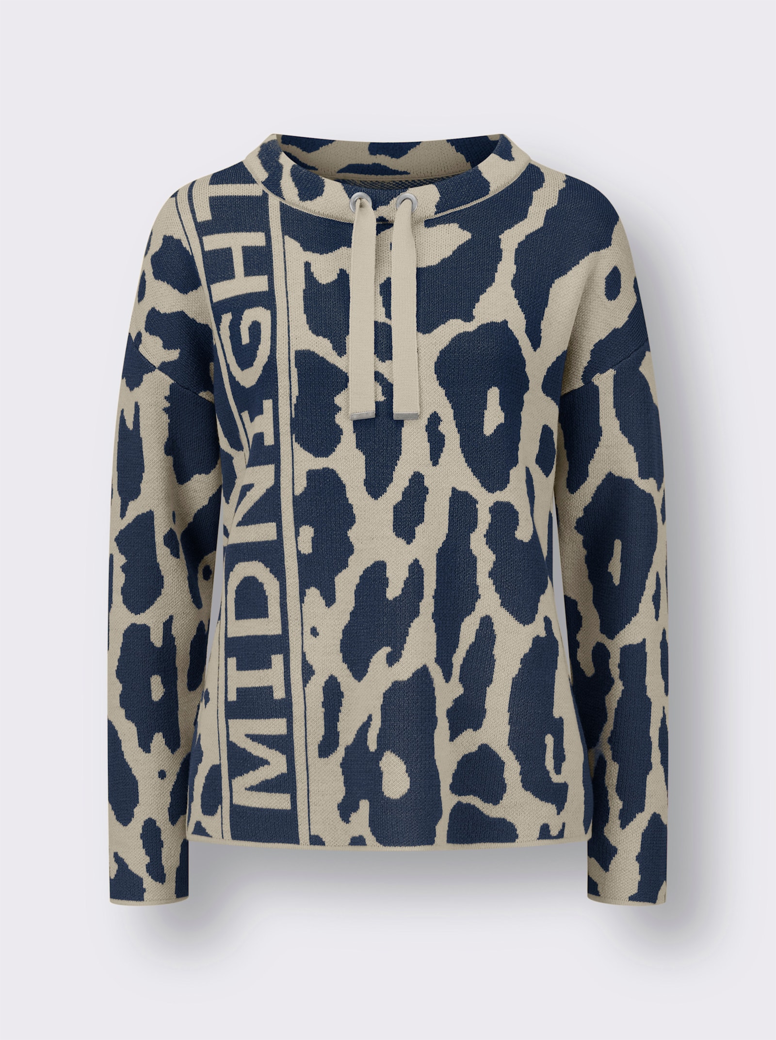 Jacquard-Pullover mit halsfernem Stehkragen - dunkelblau-sand