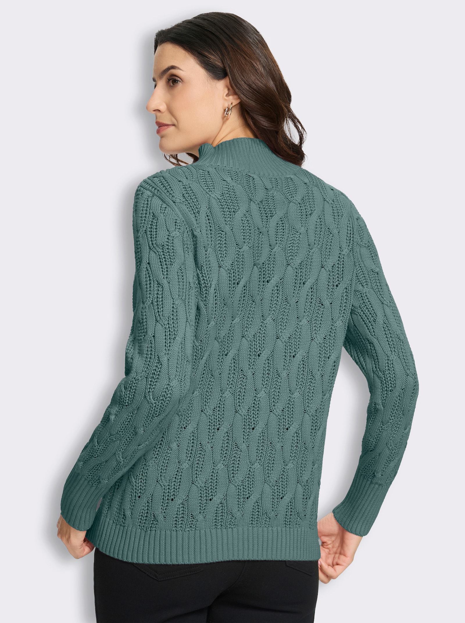  Stehkragenpullover mit Zopfmuster rundum - jade