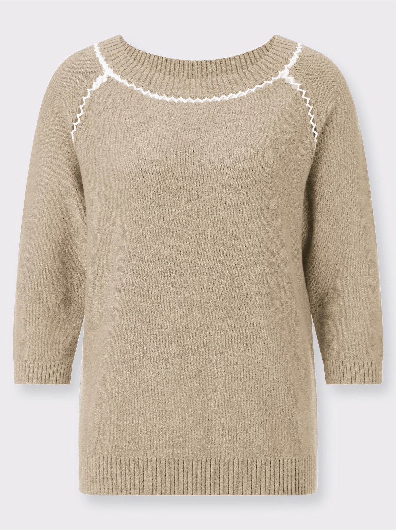3/4 Arm-Pullover mit Kontrast-Ajourmuster - sand