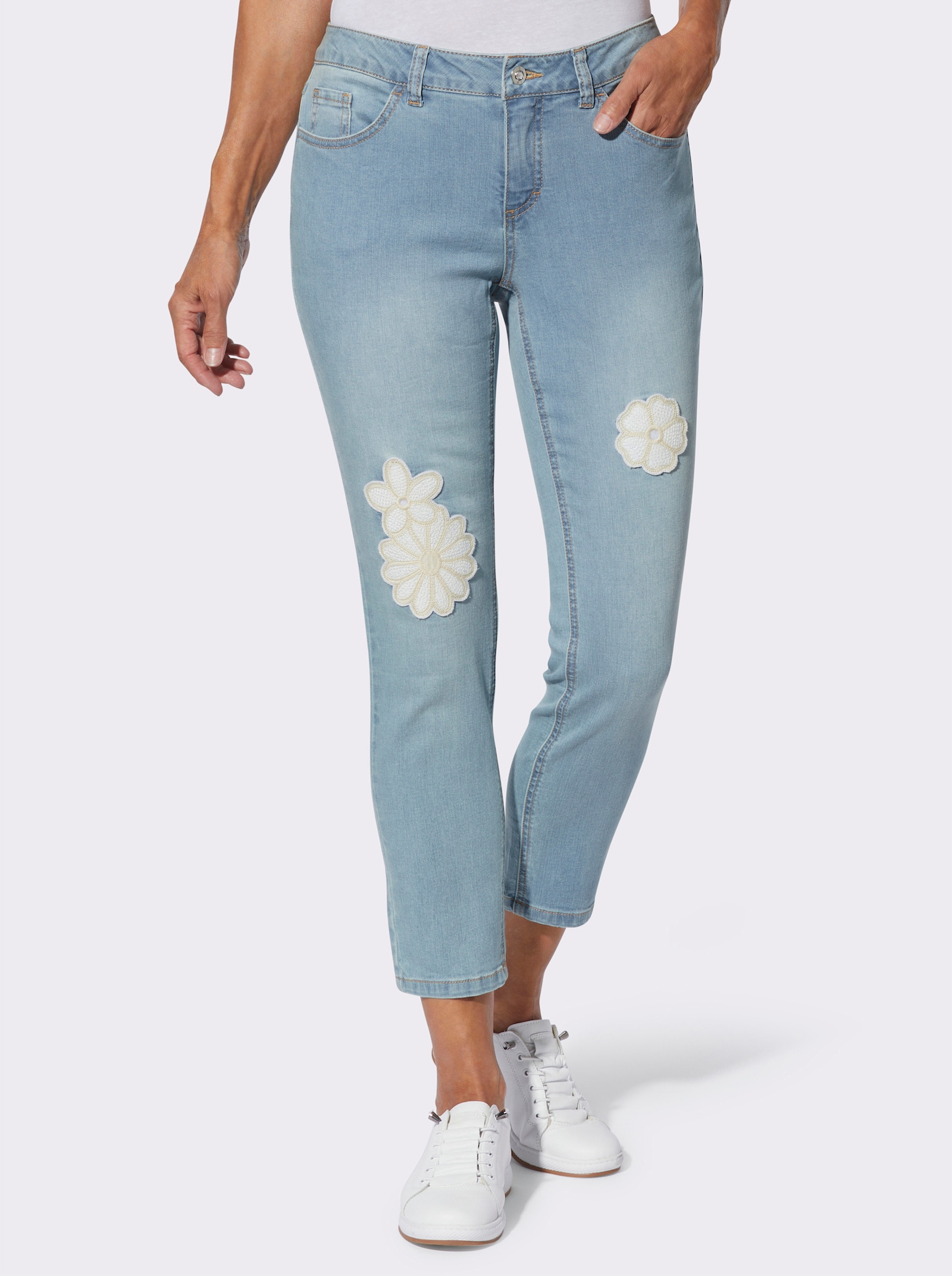 7/8-Jeans mit Blumen-Motiv vorne - blue-bleached