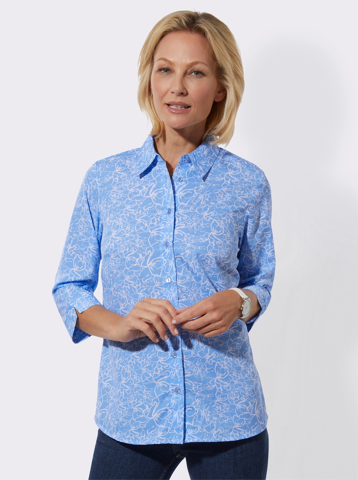 Hemdbluse - himmelblau-weiß-bedruckt
