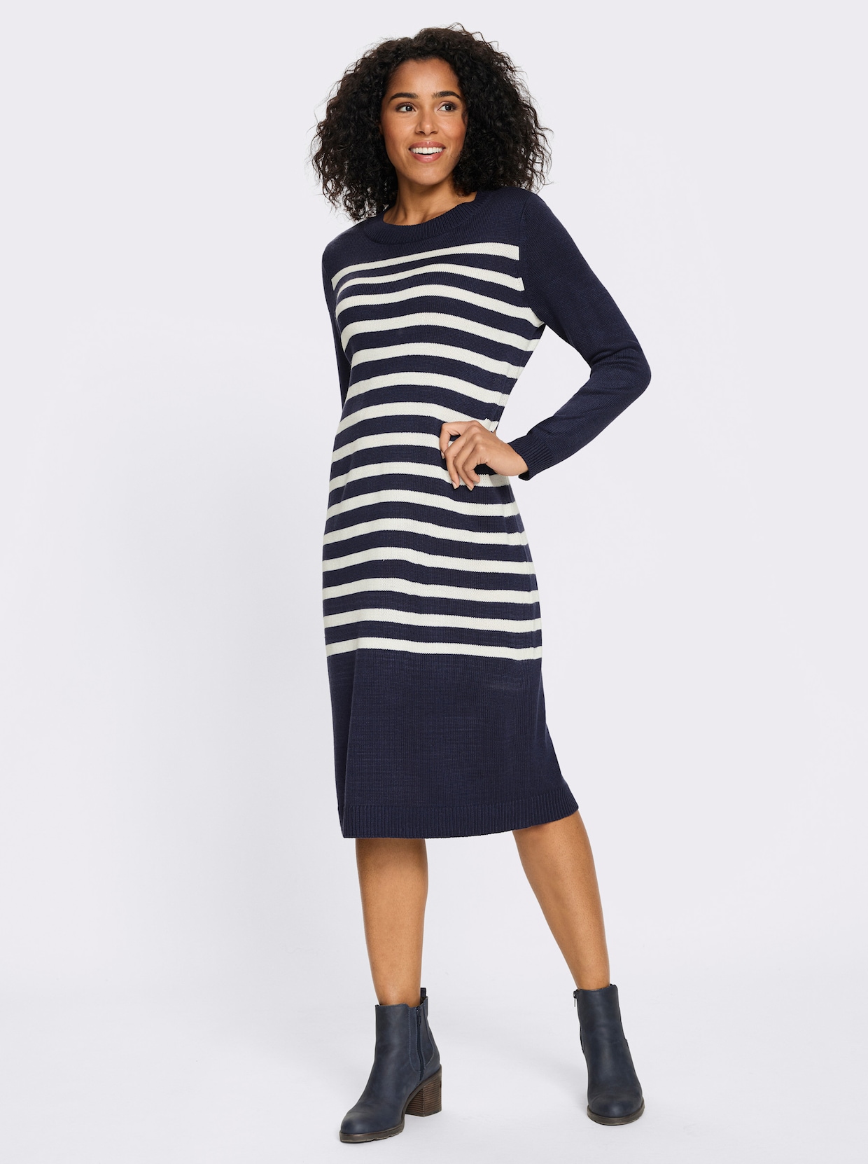 Strickkleid mit Kontraststreifen - marine-ecru-geringelt
