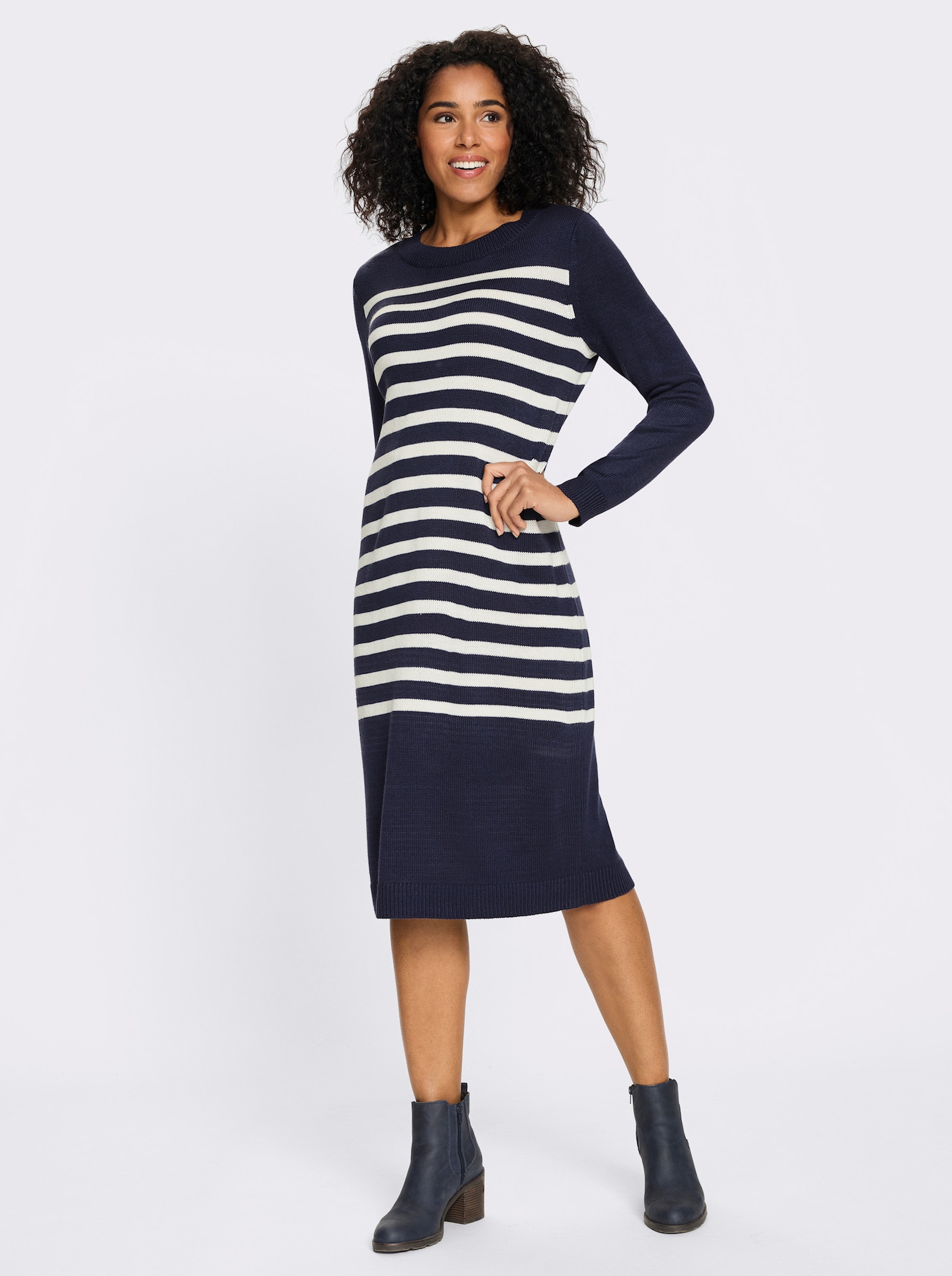 Gebreide jurk met contraststrepen - marine/ecru gestreept