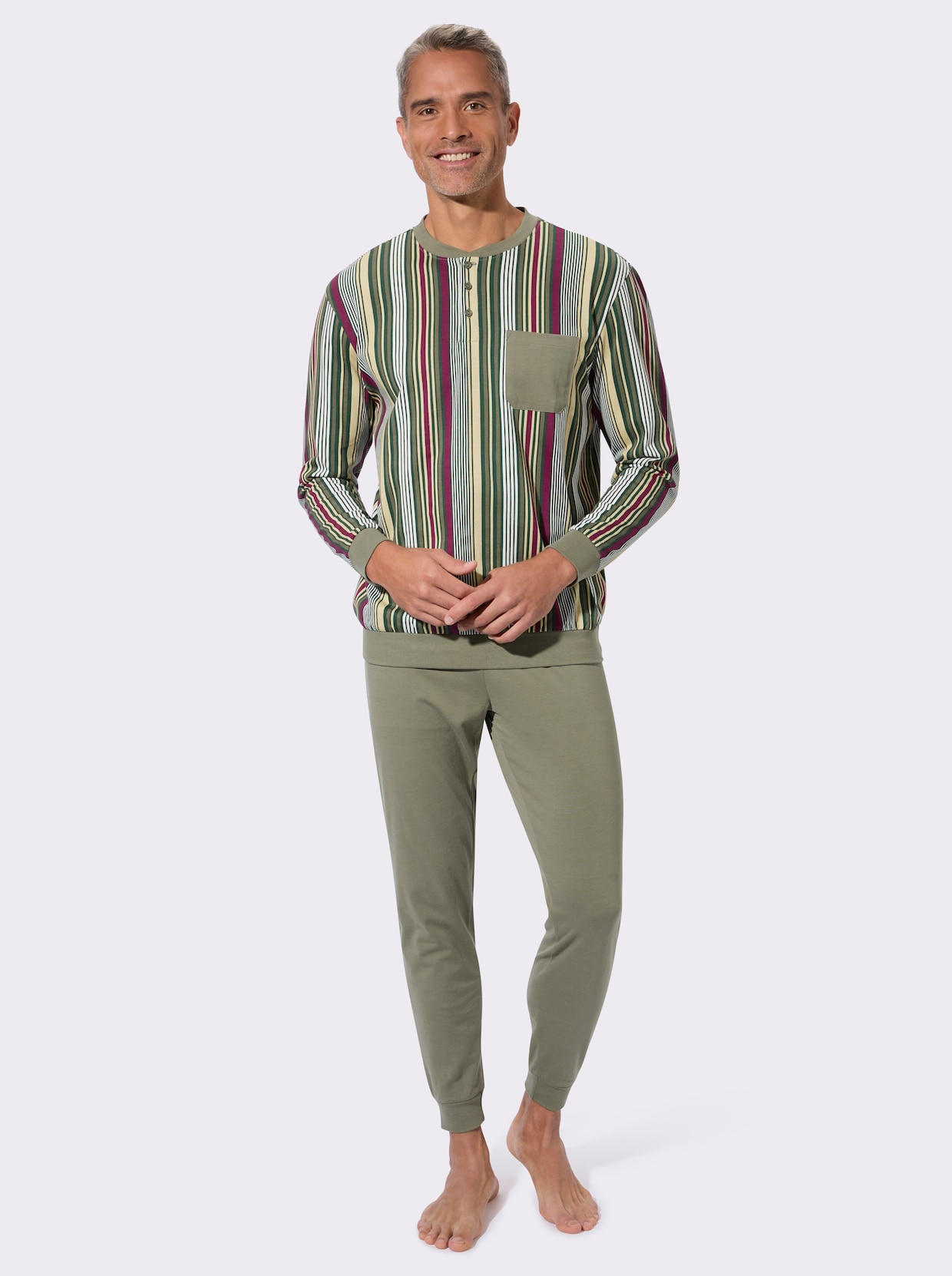 Pyjama met elastische boordjes - kaki gestreept