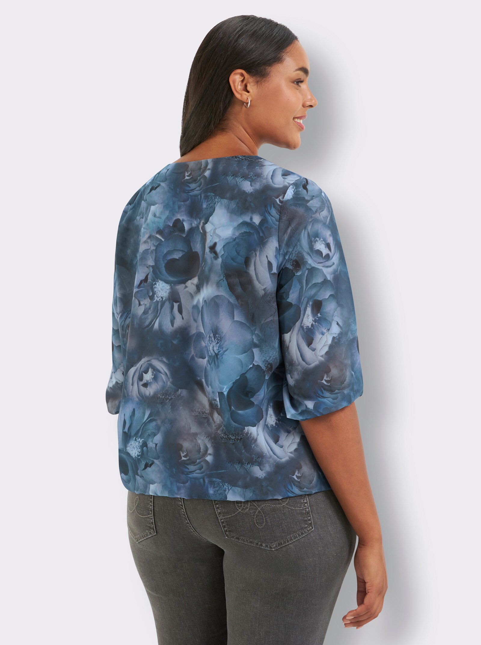 Georgettebluse im Blüten-Dessin - marine-bedruckt