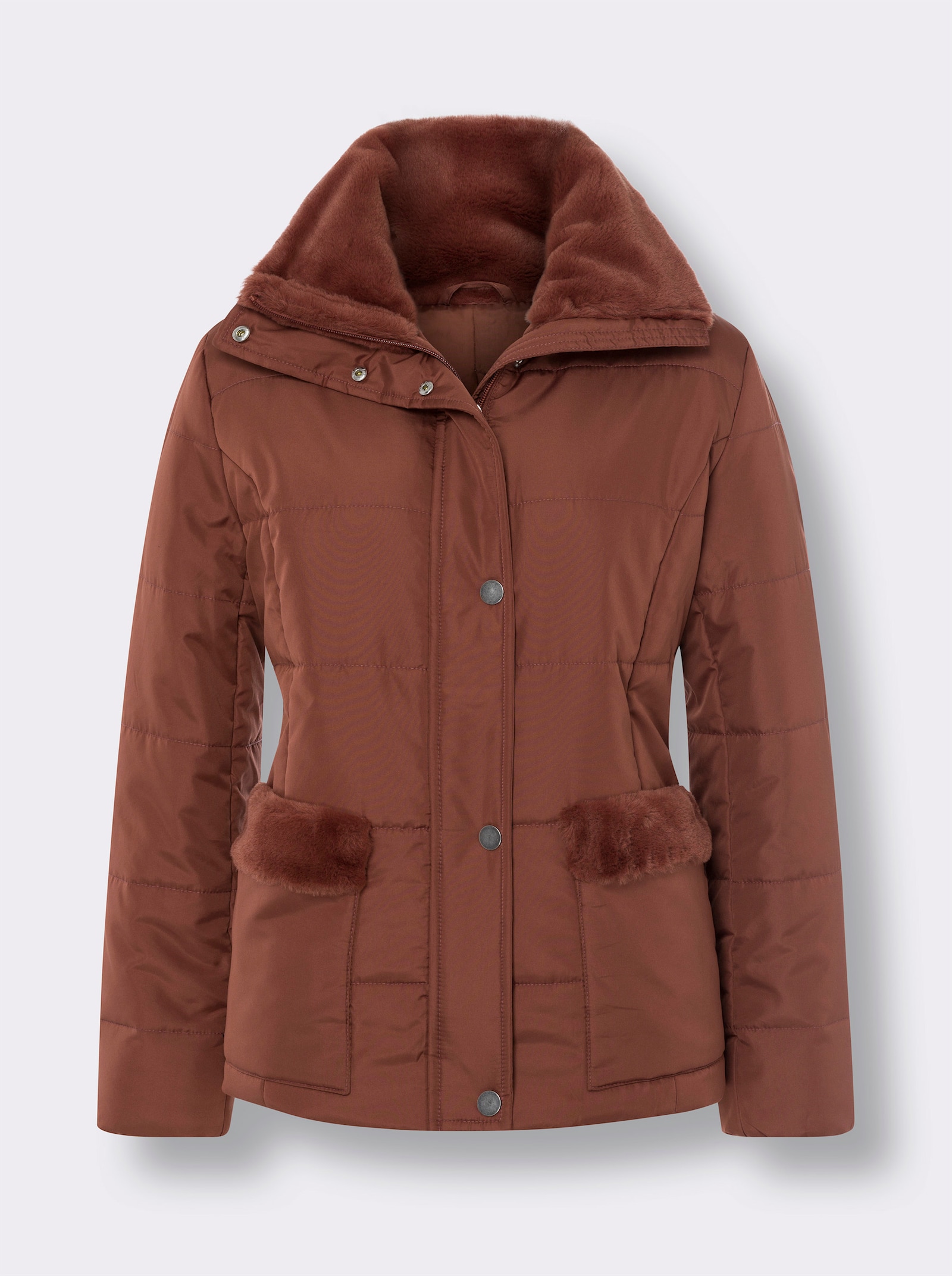 Steppjacke mit Pelz-Imitat-Details - rotbraun