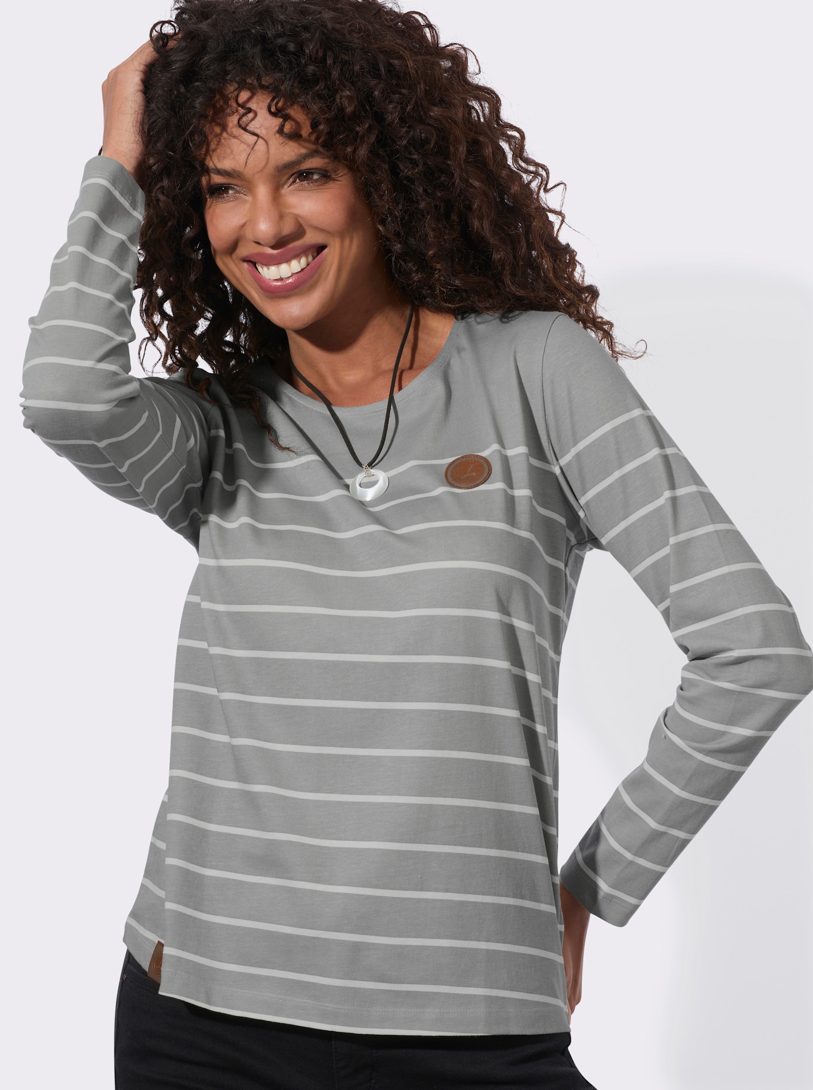 Ringelshirt aus reiner Baumwolle - steingrau-ecru