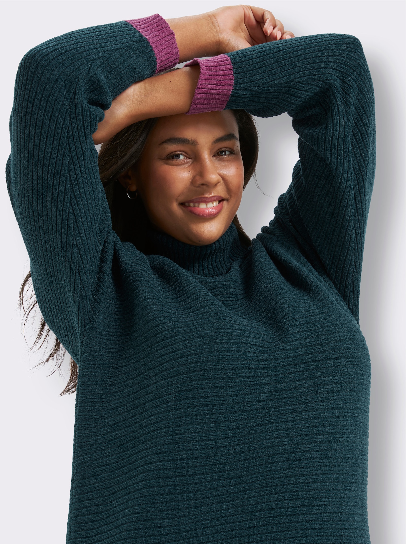 sheego Rollkragenpullover aus Chenille, mit Kontrastdetails - petrol-erika