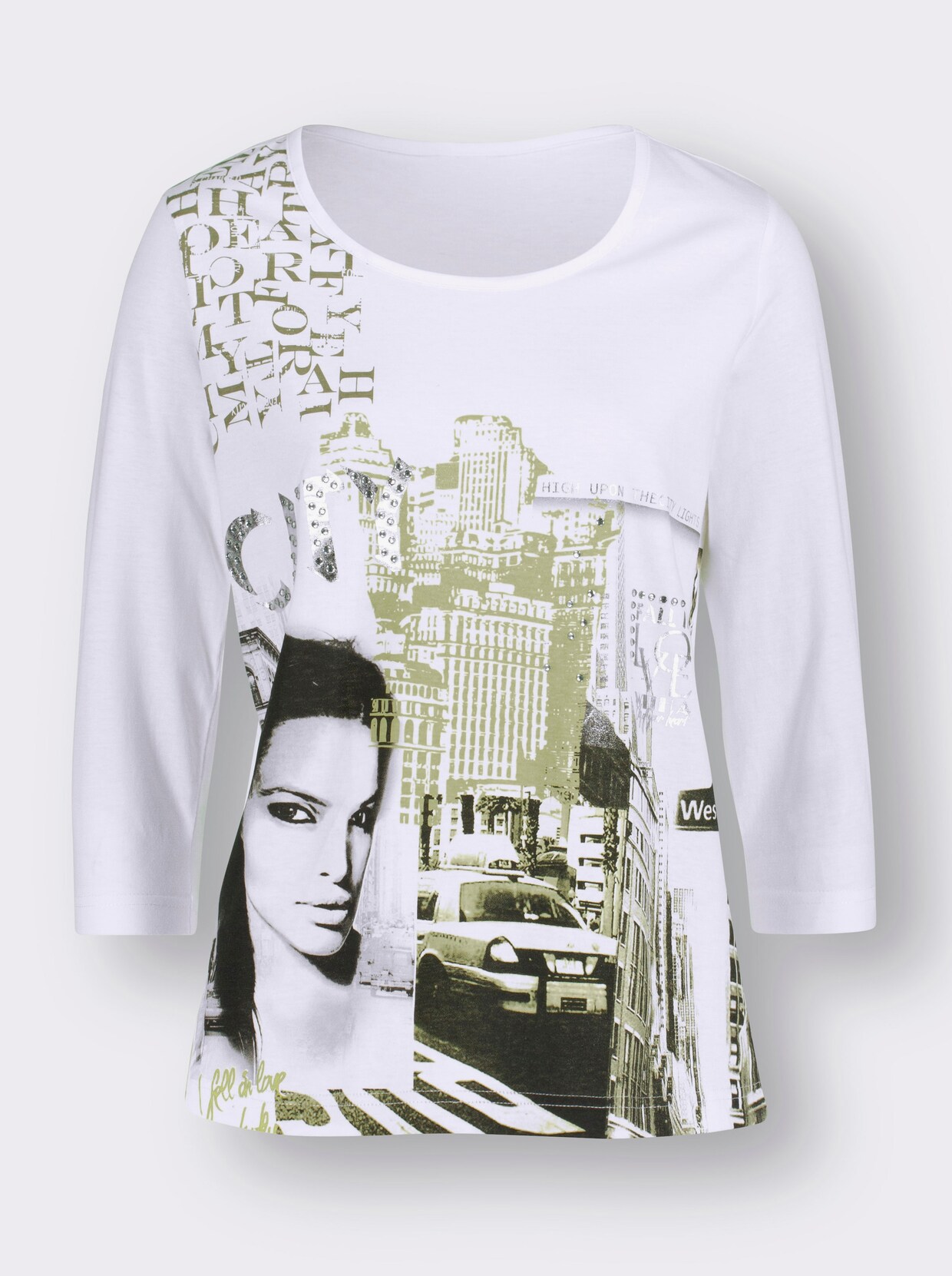 Shirt met 3/4-mouw - wit/kaki geprint