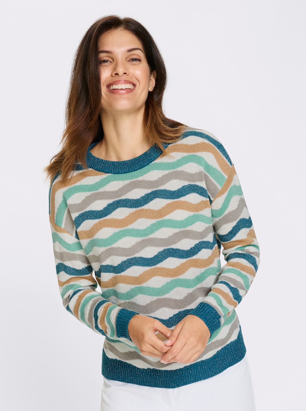 Langarm-Pullover - ecru-topas-gemustert