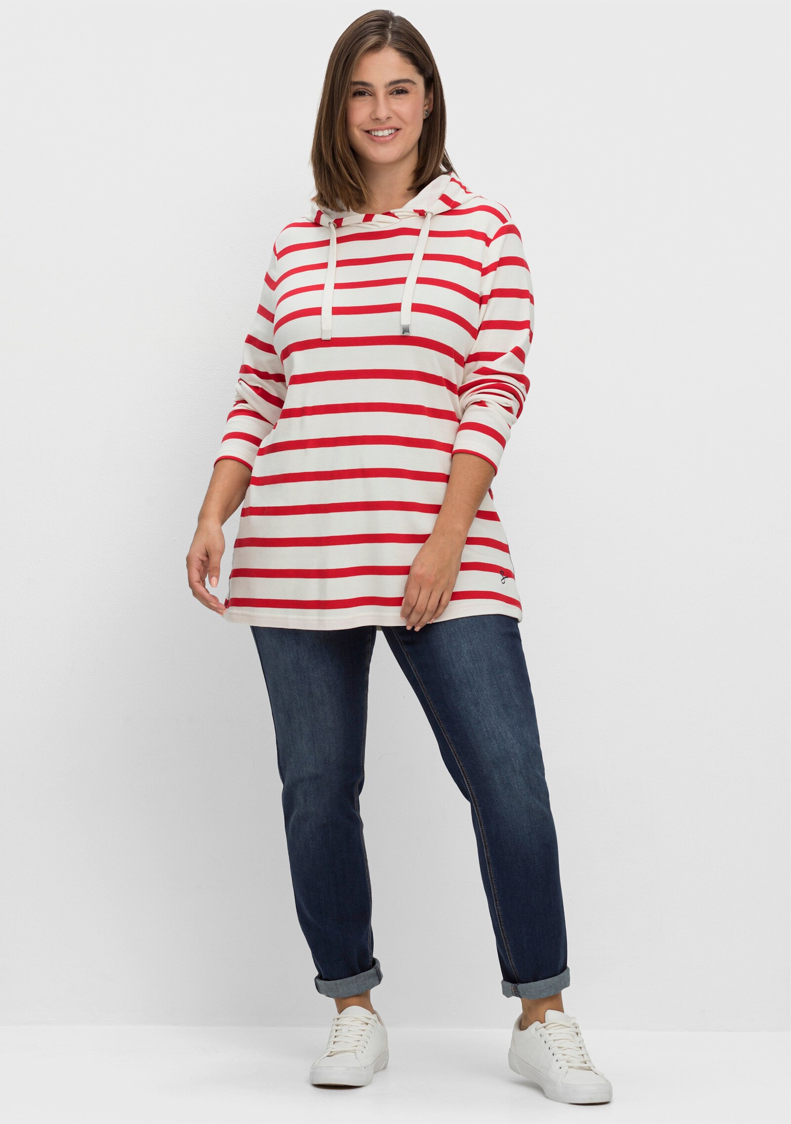 sheego Ringelshirt mit Kapuze, Langarm - offwhite-gestreift