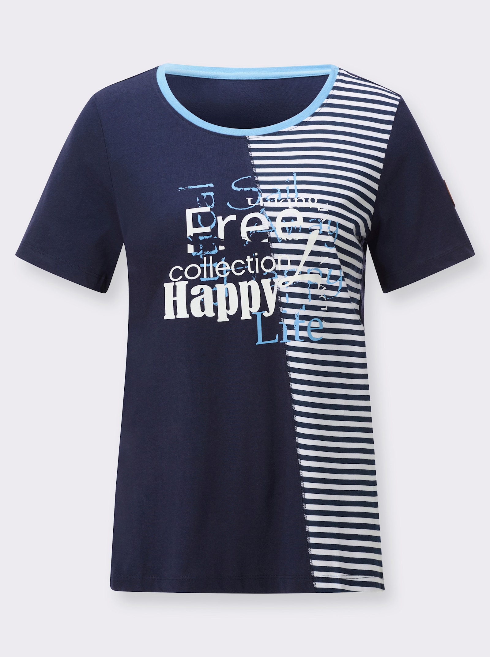 Rundhalsshirt mit Schriftzug und Streifen-Print - marine-himmelblau-bedruckt