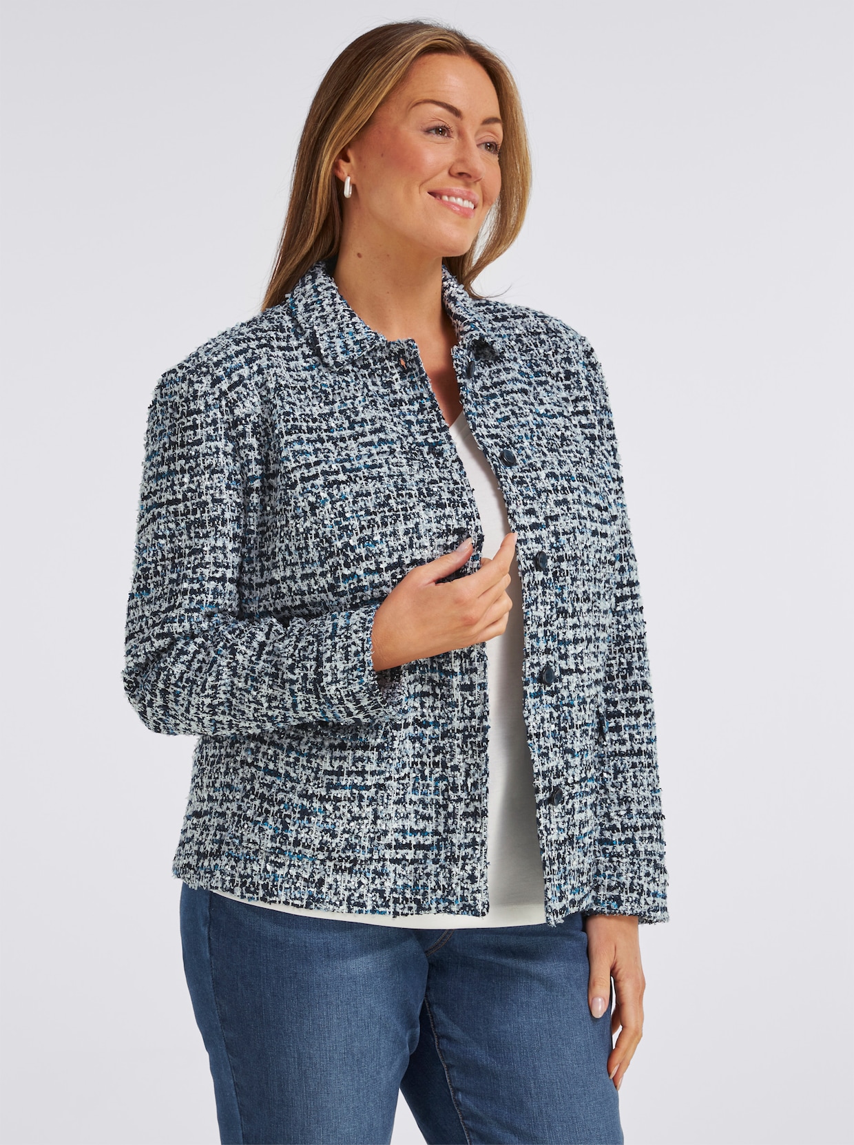 Bouclé-Blazer mit Glanzgarnen - mittelblau-royalblau-gemustert