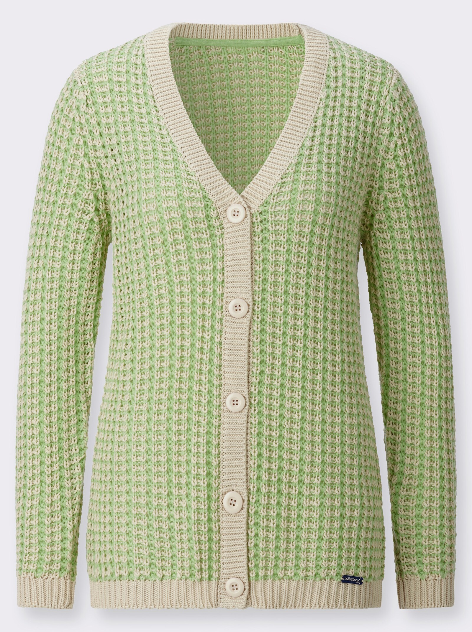 Strickjacke in zweifarbiger Melange-Optik - reseda-sand-gemustert