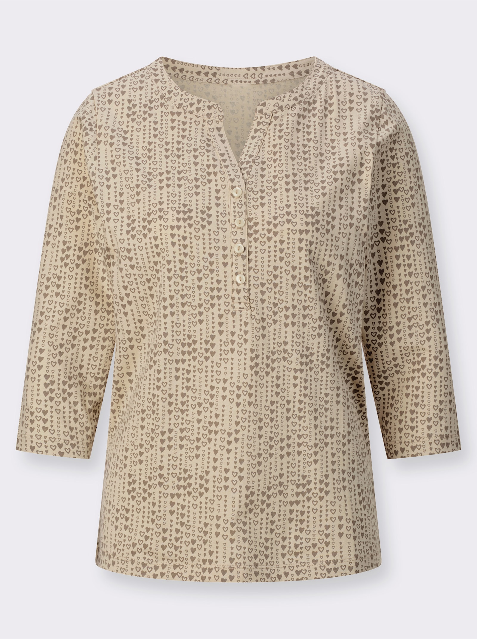 Shirt met 3/4-mouwen en hartjespatroon - zand/taupe geprint
