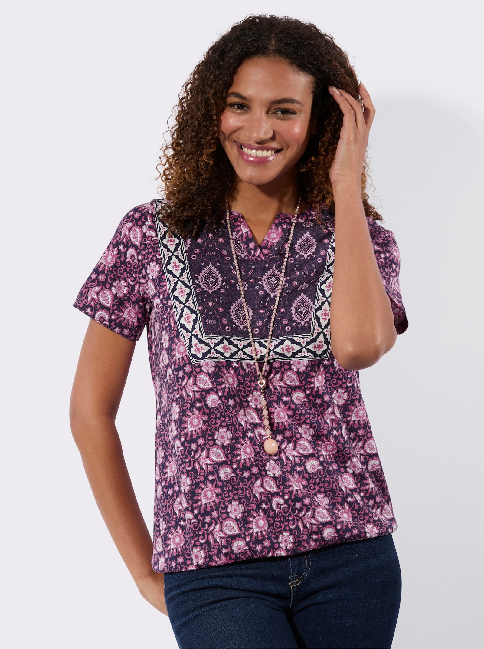 Shirt mit elastischem Saum - erika-marine-bedruckt