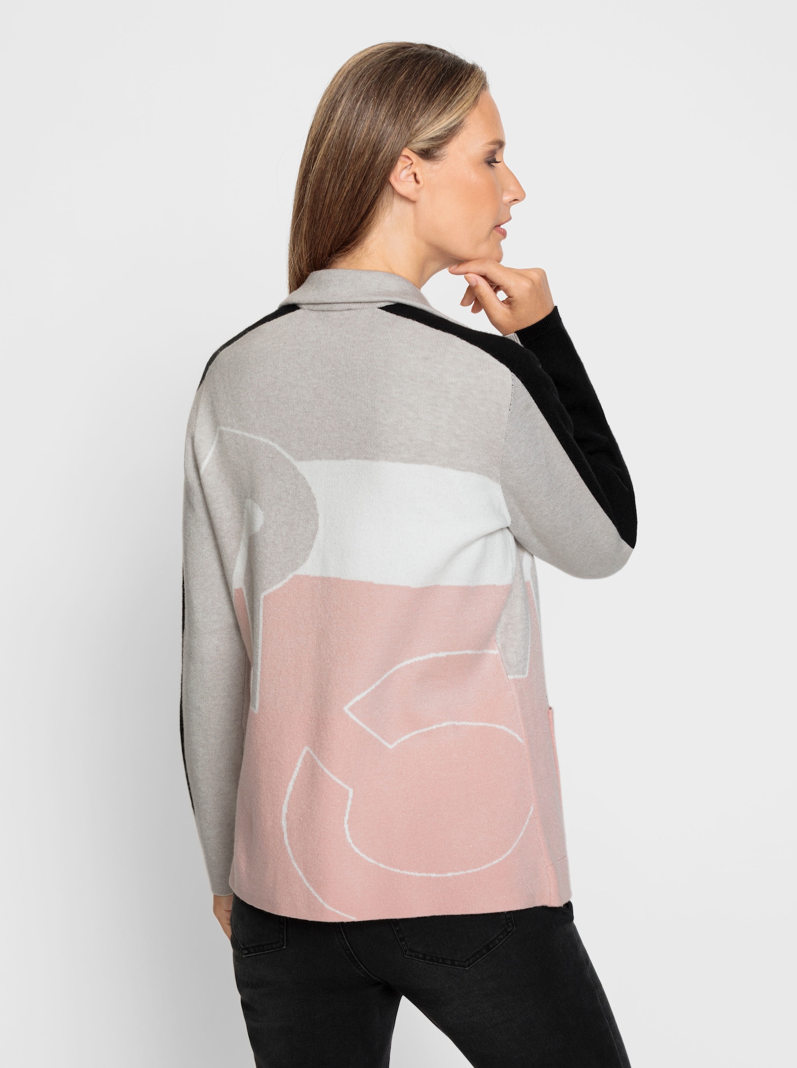 heine Jacquardstrickjacke mit Reverskragen - hellgrau-ecru-gemustert