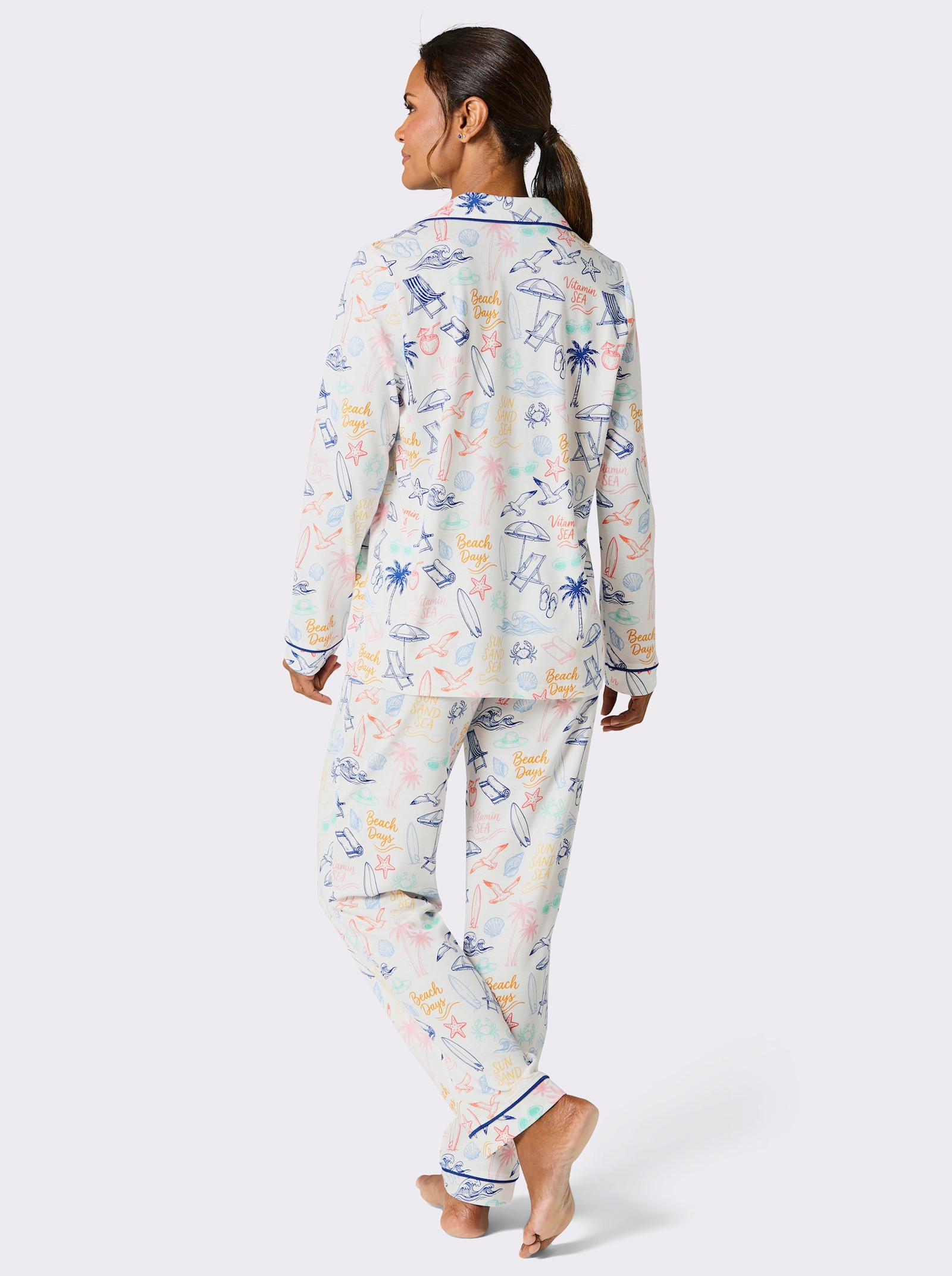 wäschepur Pyjama mit Muster-Print - ecru-royalblau-bedruckt