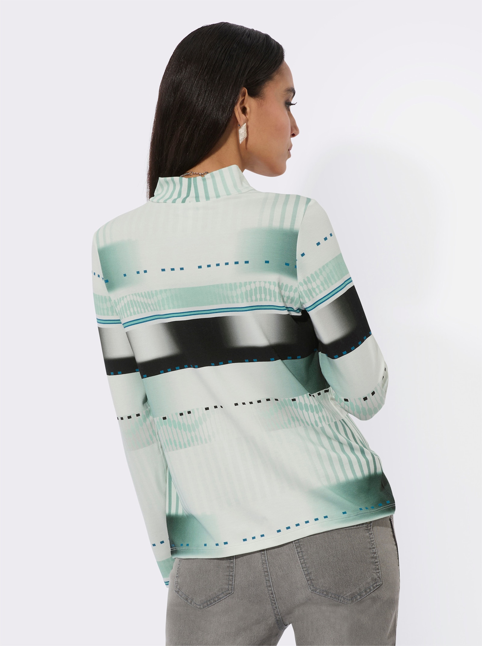 Stehkragenshirt mit platziertem Druck - salbei-schwarz-bedruckt