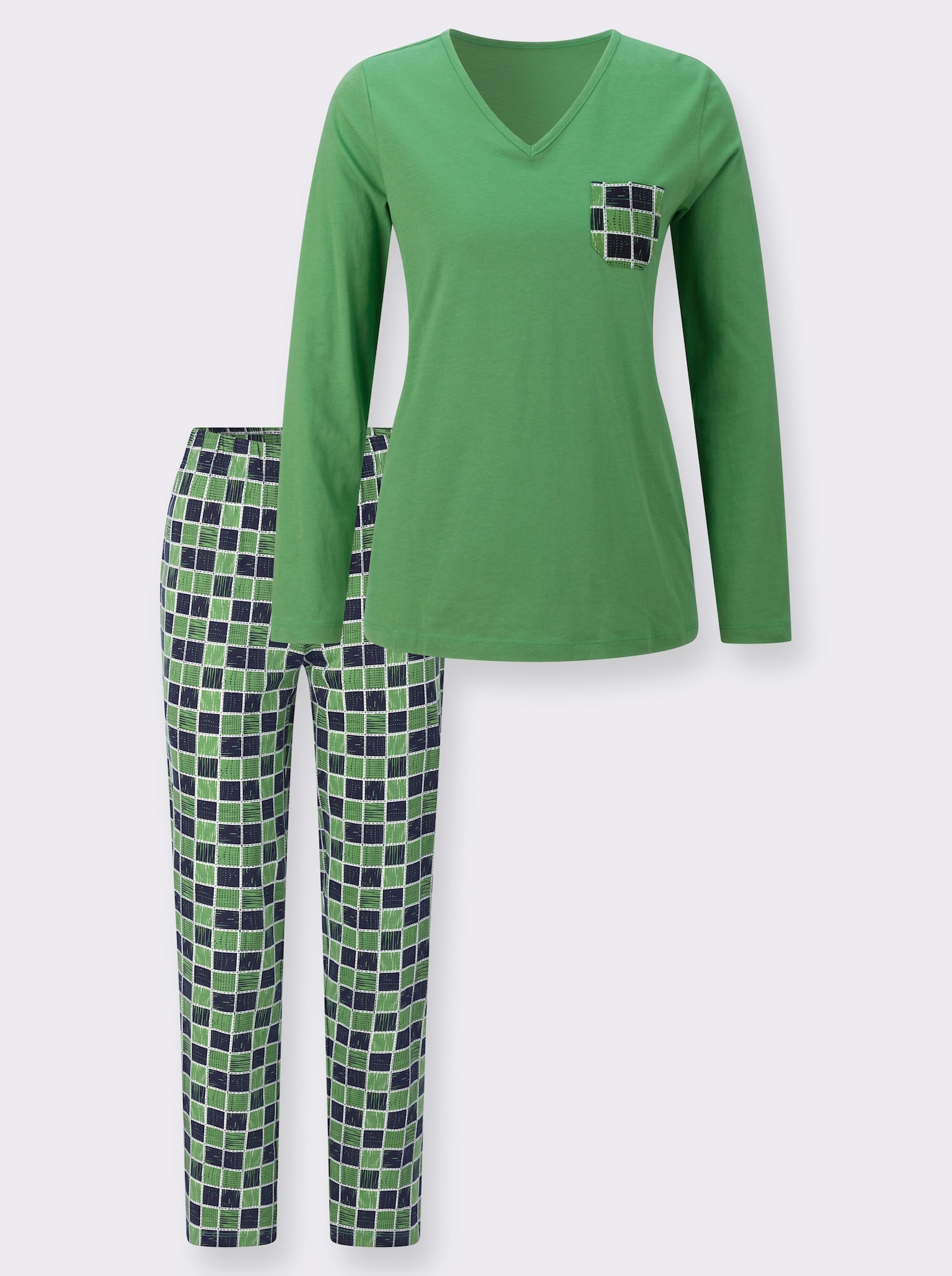Schlafanzug mit gemusterter Brusttasche - apfel-marine-bedruckt