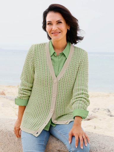 Strickjacke in zweifarbiger Melange-Optik - reseda-sand-gemustert