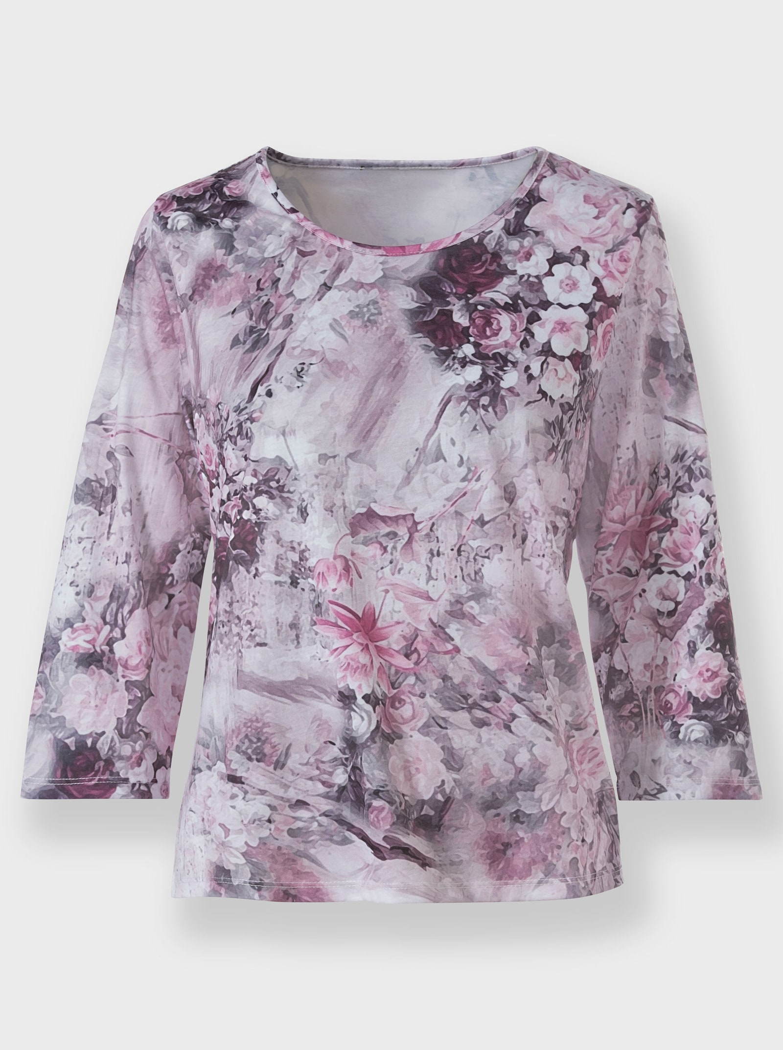 Rundhalsshirt im verwischten Blütenmuster - rosé-steingrau-bedruckt