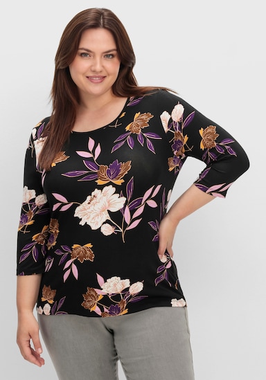 Print-Shirt mit floralem Muster - lila-ocker-bedruckt