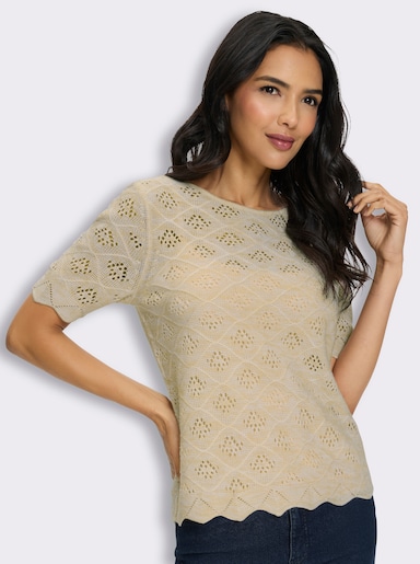 Kurzarmpullover mit Ajour-Muster allover - sand-weiß-meliert