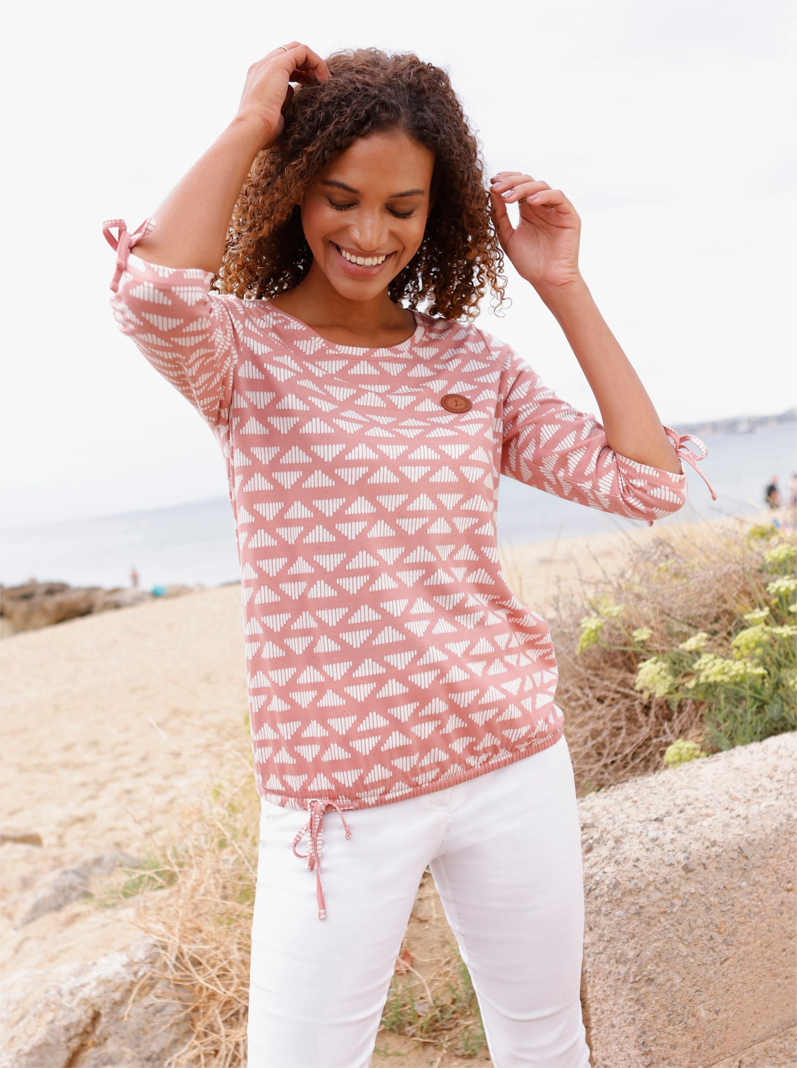 Rundhalsshirt im weichen Material-Mix - rosenholz-ecru-bedruckt